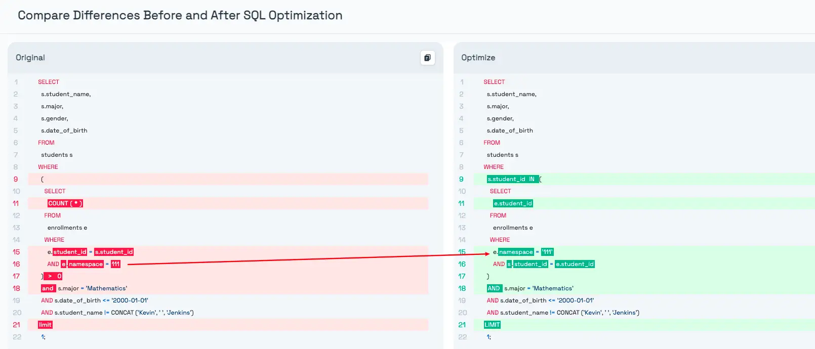 Compare Differences Before and After SQL Optimization